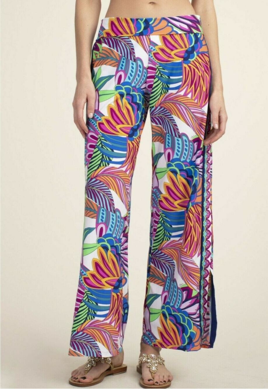 Trina Turk Paradise Plume Printed Purple Tropical Wide Leg Pants Medium Resort
